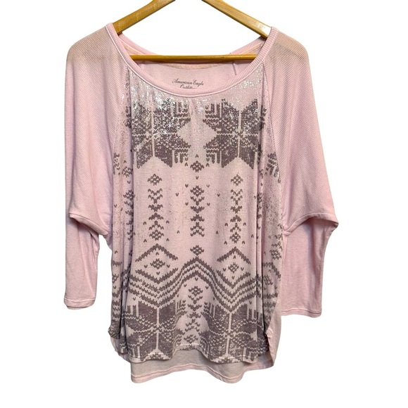 American Eagle Women's XL Blouse 3/4 Sleeve LtPink w/ Iridescent Snowflakes Top - Picture 1 of 5